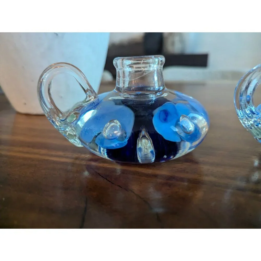 Vintage Set of 2  Joe St. Clair Glass Candle Holders cobalt blue Flowers
